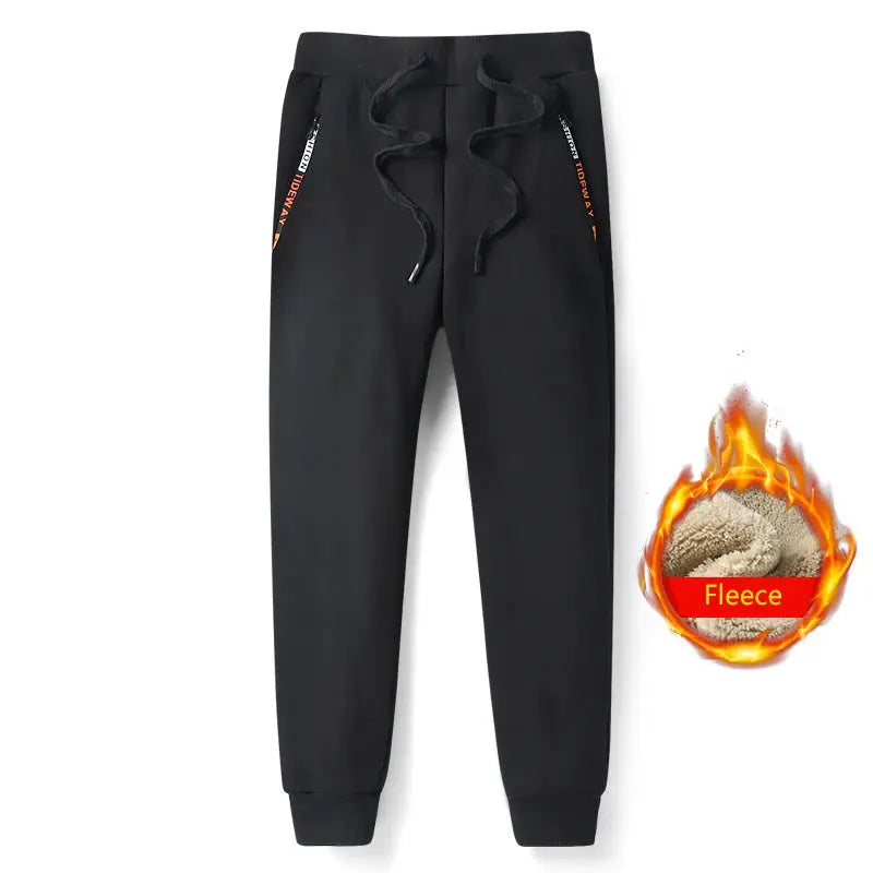 Men's black winter fleece sweatpants with drawstring and cuffed hems, plus sizes 6XL–8XL.