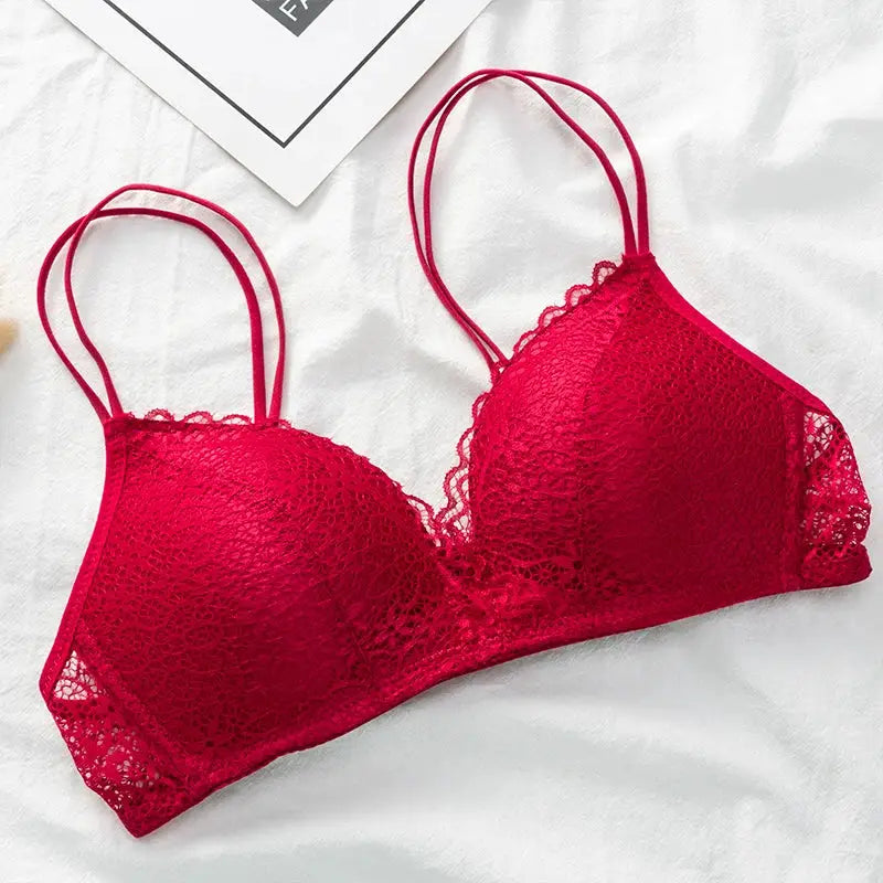 Women's red lace bralette wireless bra with floral pattern and double spaghetti straps