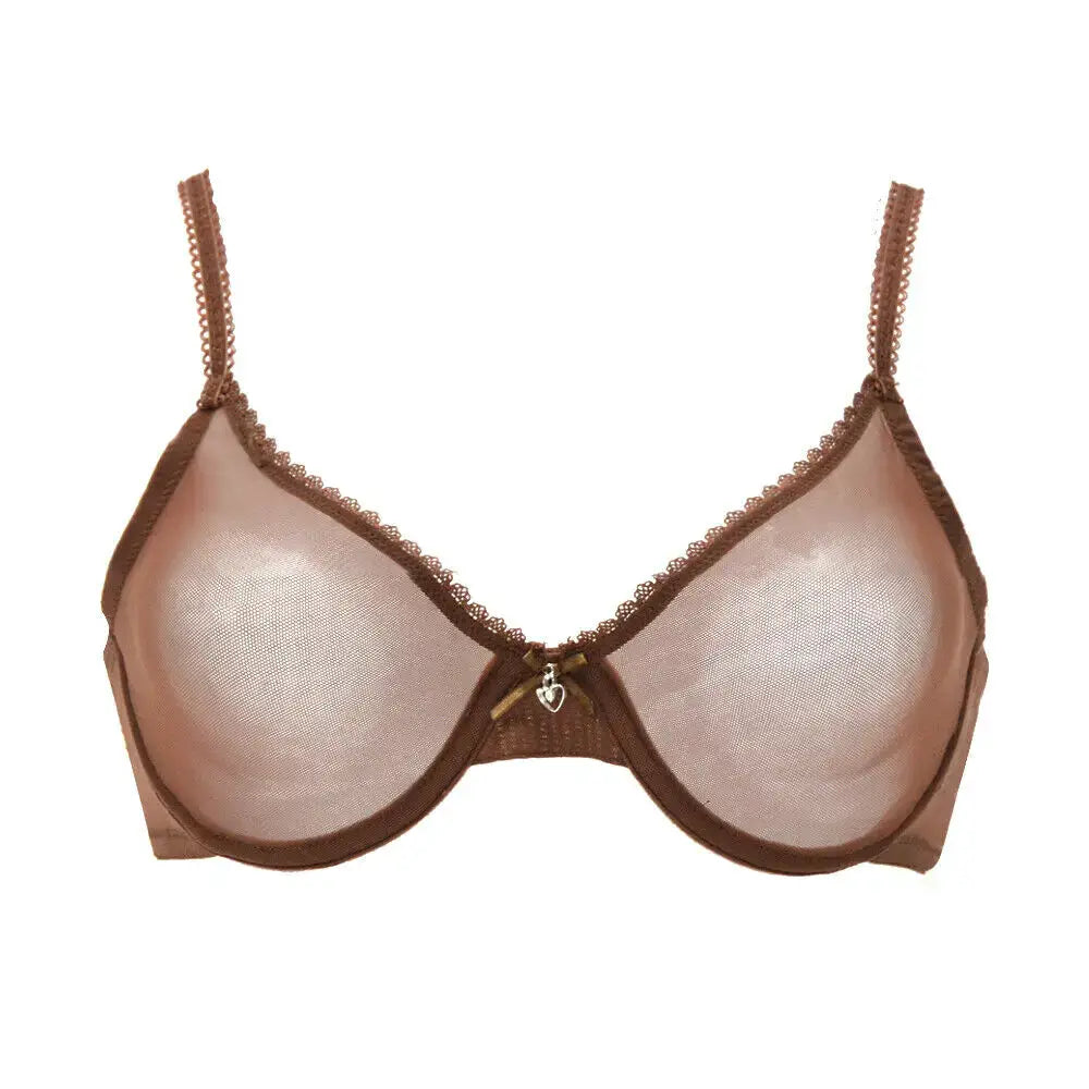 Bra brown sheer mesh lace with scalloped trim and a center charm