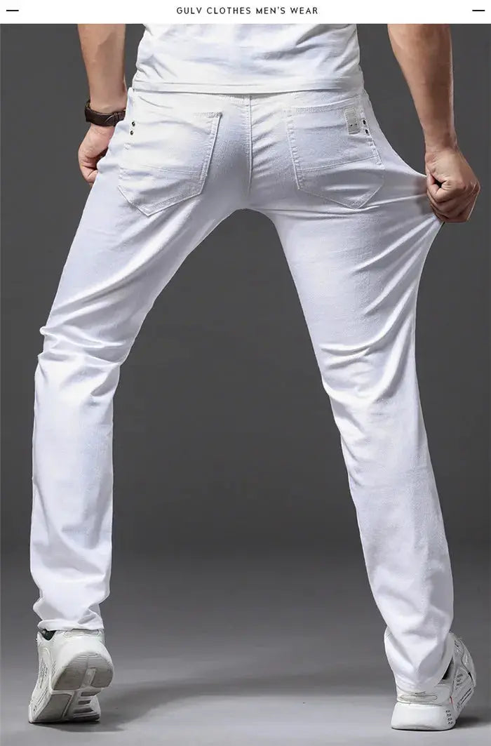 Men's white jeans by Simples Market, slim-fit casual stretch trousers with back pockets