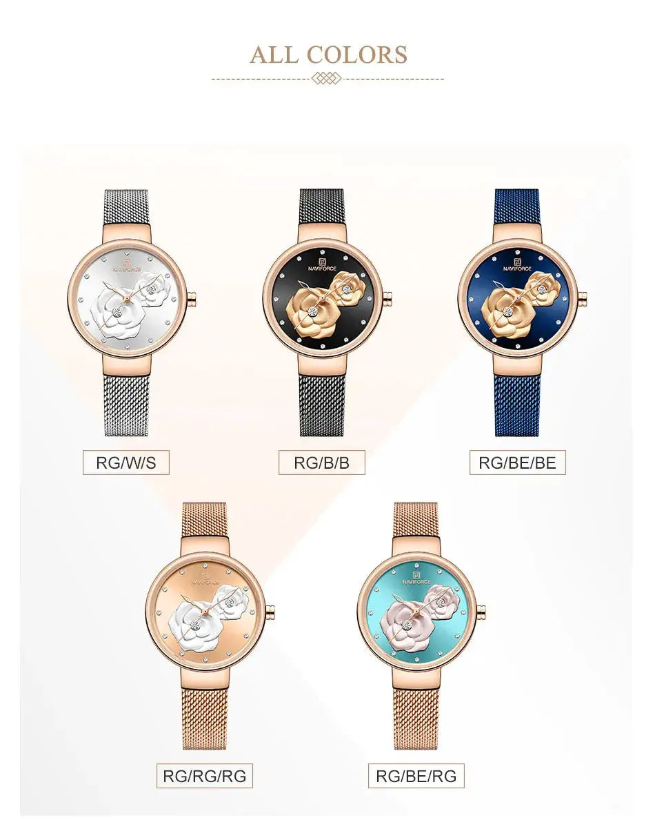 NAVIFORCE women's watches with rose-gold steel mesh bands and floral dials in six colorways.