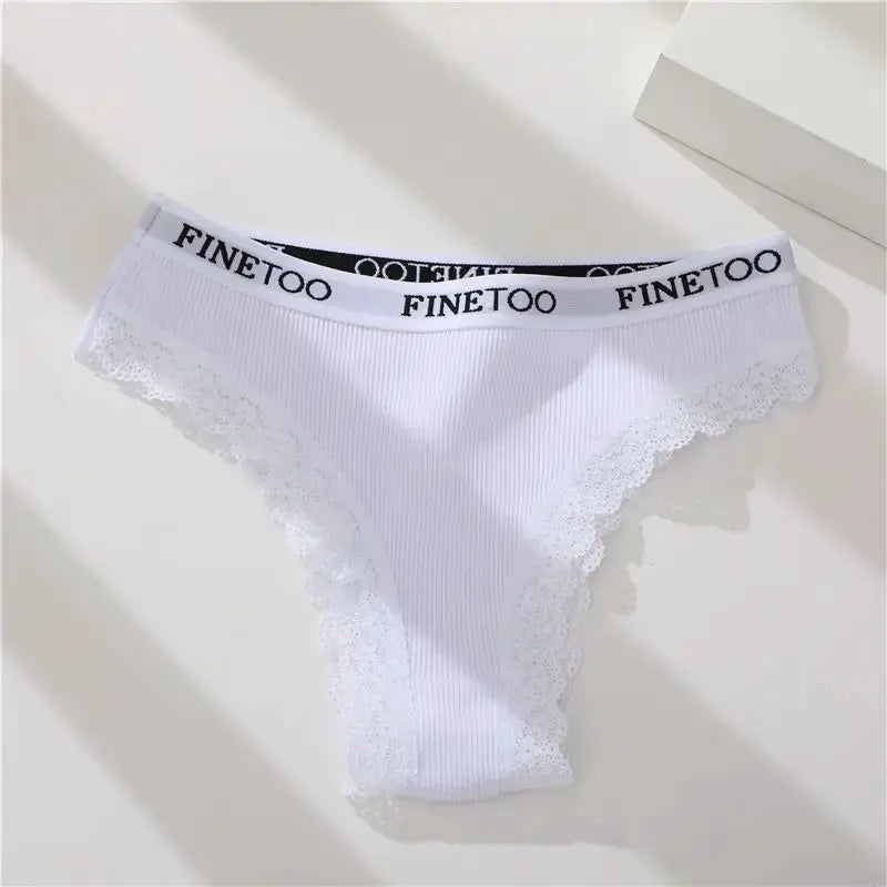 White cotton lace-trim briefs for women with Finetoo logo waistband