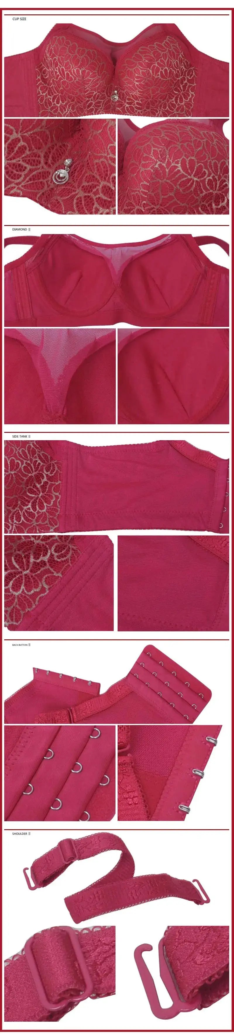 Pink lace underwire bra with floral overlay, center front charm, adjustable straps, back 3-hook closure.