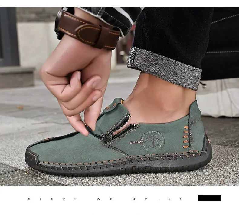 Men's handmade green leather casual slip-on loafers by Simples Market