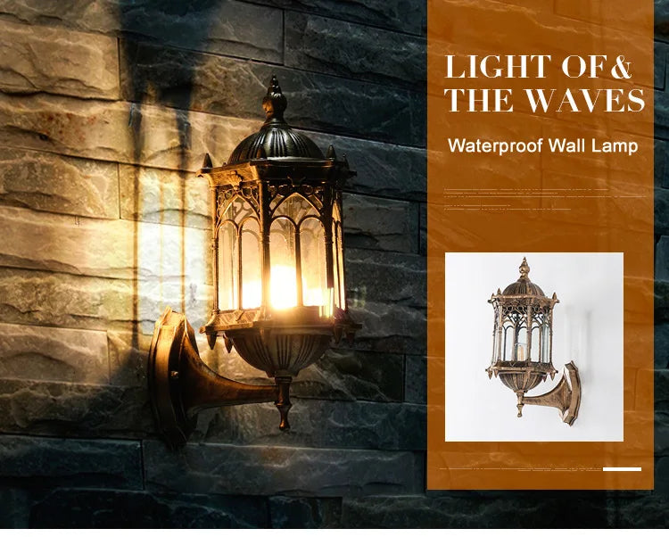 Retro outdoor waterproof E27 wall lamp by Simples Market, antique bronze lantern-style garden sconce on a stone wall