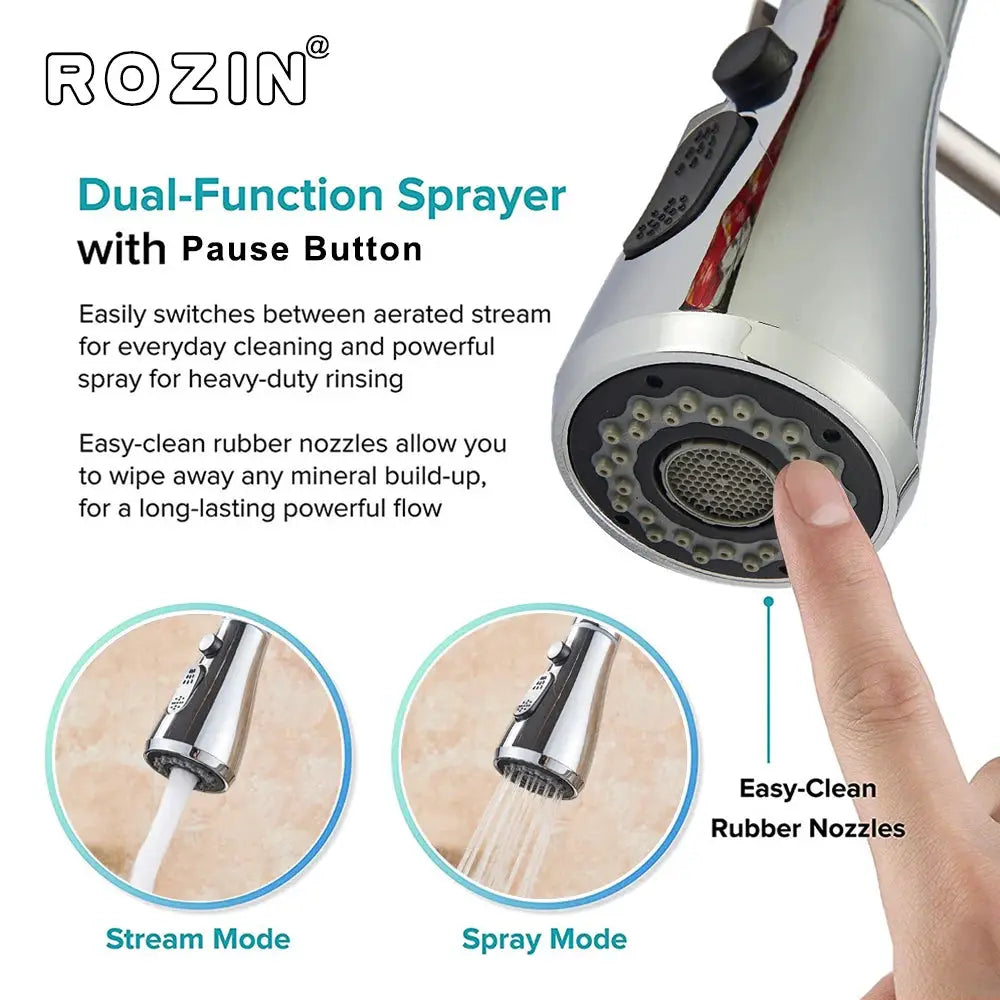 ROZIN dual-function pull-out kitchen spray head with pause button in brushed nickel finish; stream and spray modes