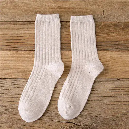CHAOZHU Thick Warm Merino Wool Rib Socks For Women Solid Colors Loose Fit Japanese Korea Fashion Winter