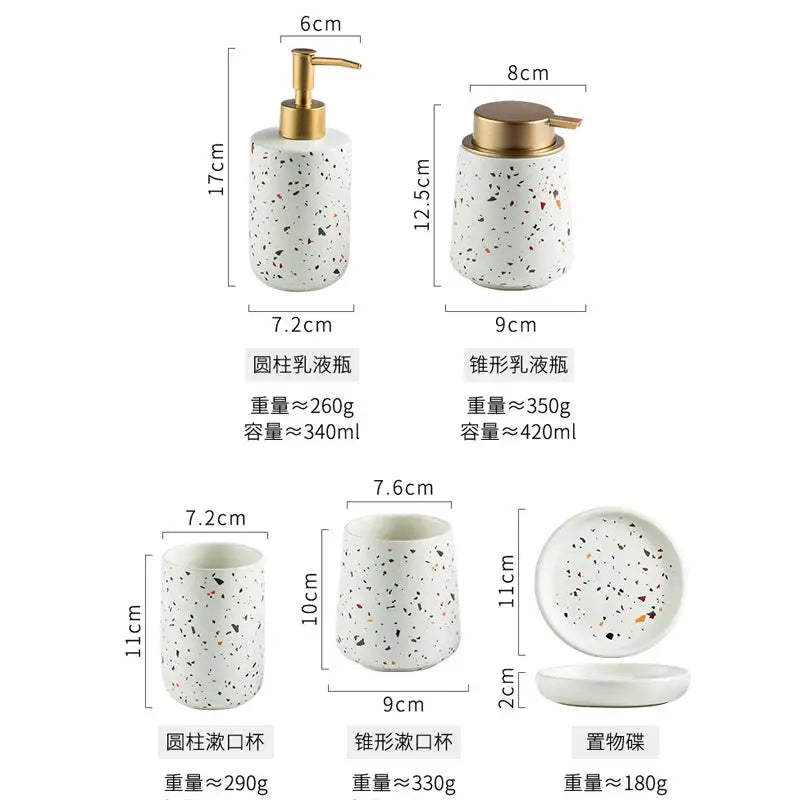 European Terrazzo Ceramic bathroom decor set with emulsion bottle, gargle cup, soap dish, and two cups by Simples Market