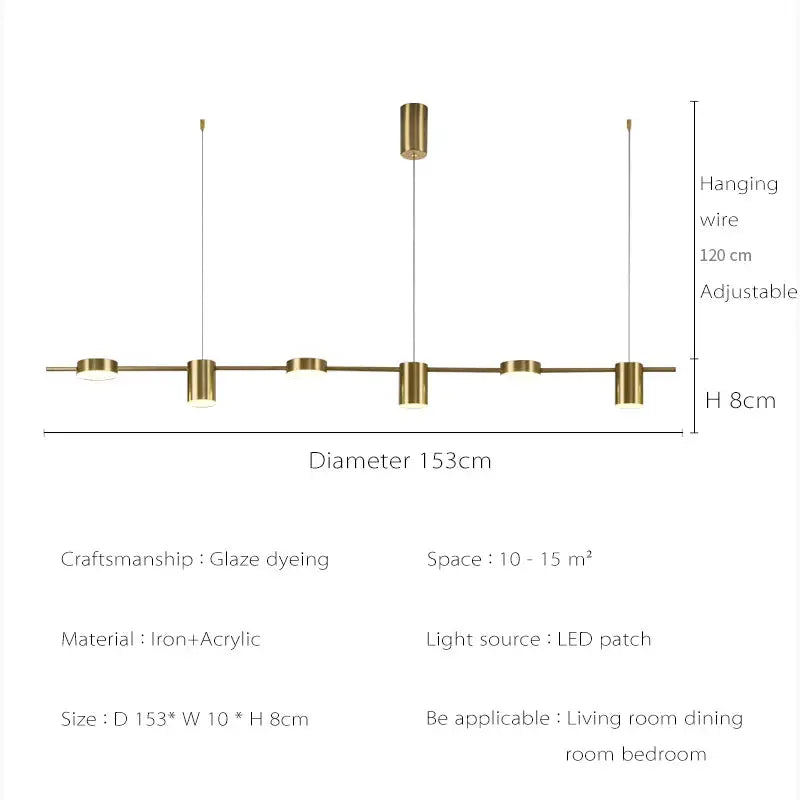 Gold-tone modern LED linear chandelier with multiple pendant modules for living room or dining area, dimmable