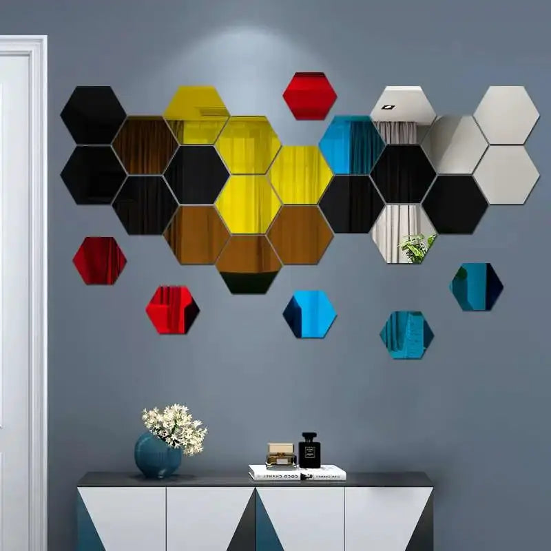 Hexagon mirror wall sticker set; 126mm large, self-adhesive mosaic tiles in assorted colors on a gray wall above a cabinet