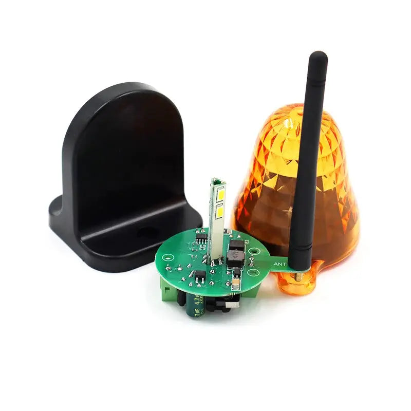 Simples Market outdoor LED signal alarm light with orange beacon, wall-mount base, and circuit board.