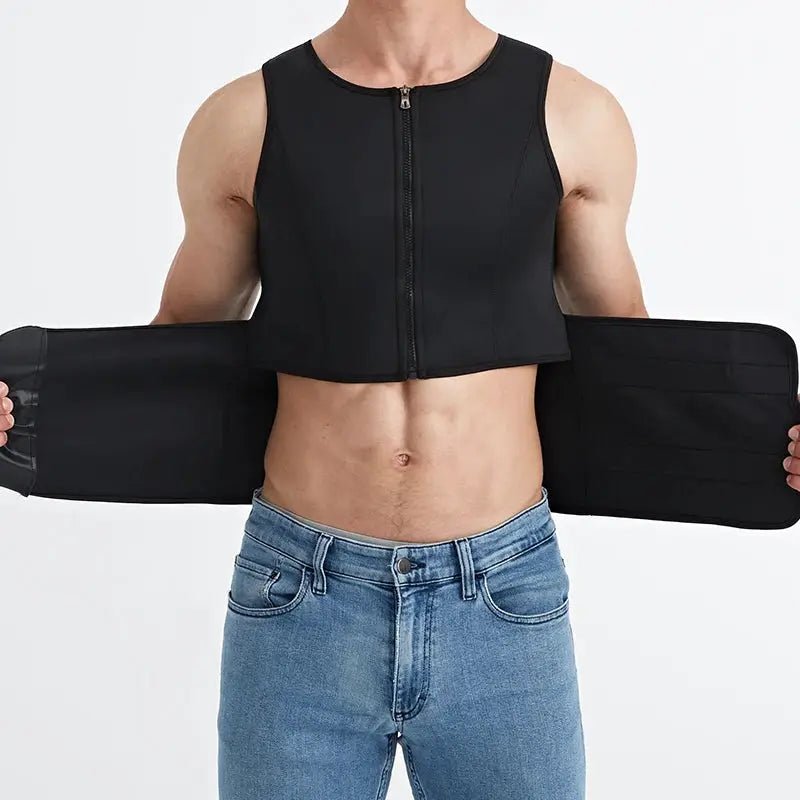 Men's black zip-front waist trainer sauna vest with extended side panels