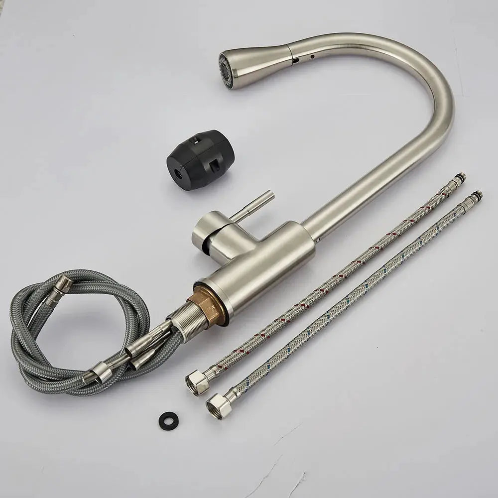 Simples Market brushed nickel kitchen faucet with flexible pull-out spray head and braided hoses
