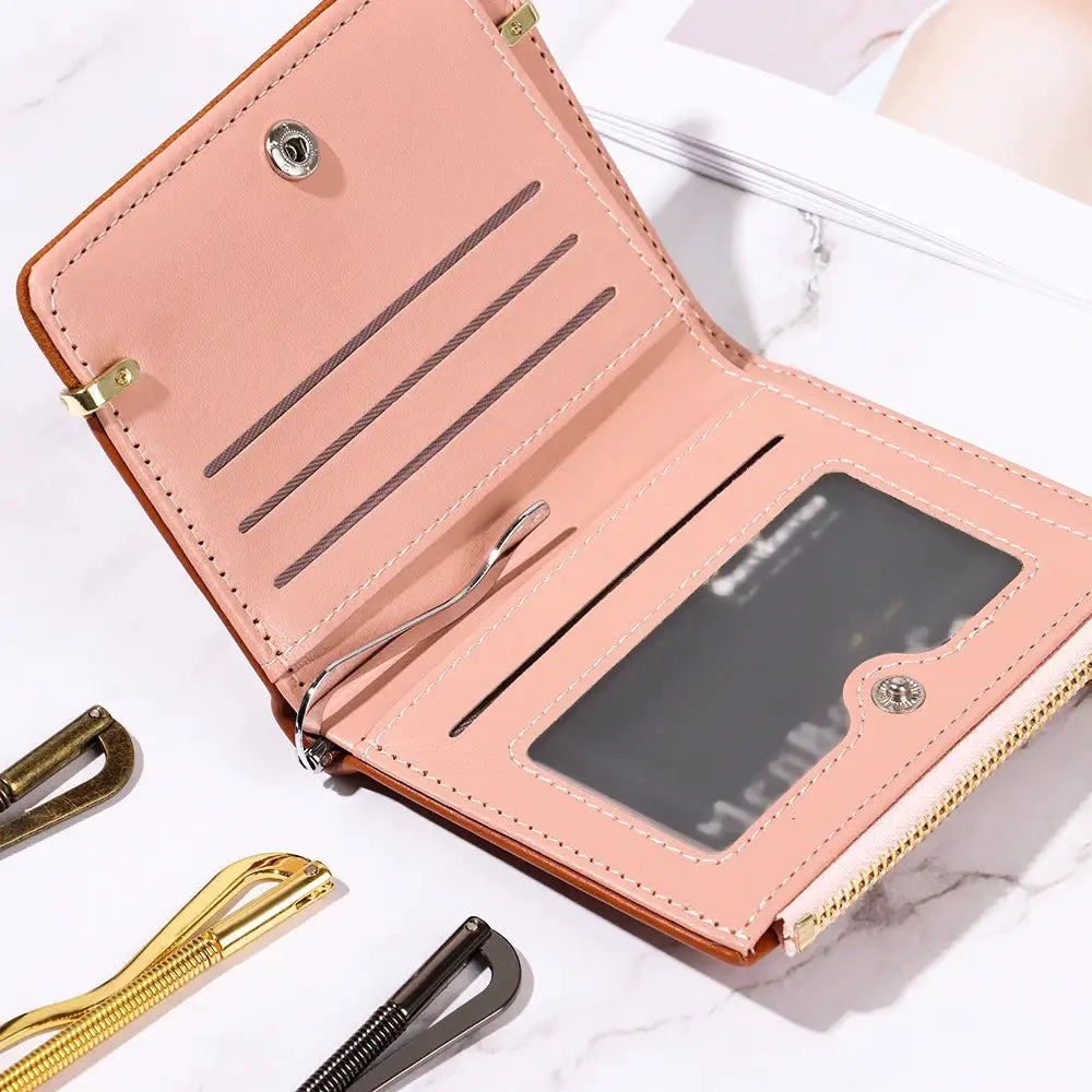 Simples Market pink metal bifold money clip wallet with card slots and ID window