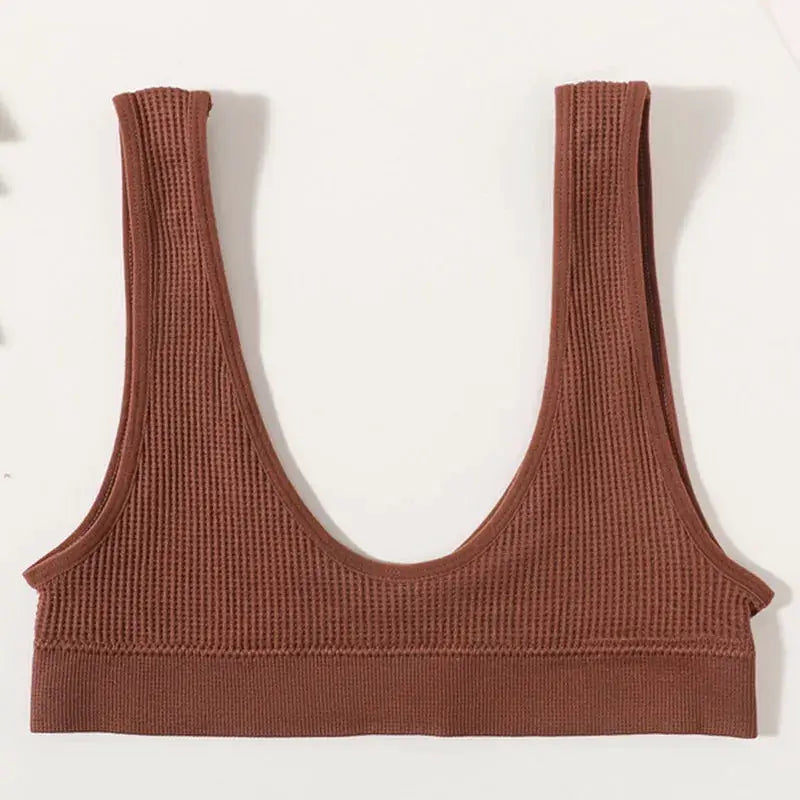 Women’s seamless ribbed bralette crop top in brown with wide straps and deep-U neckline