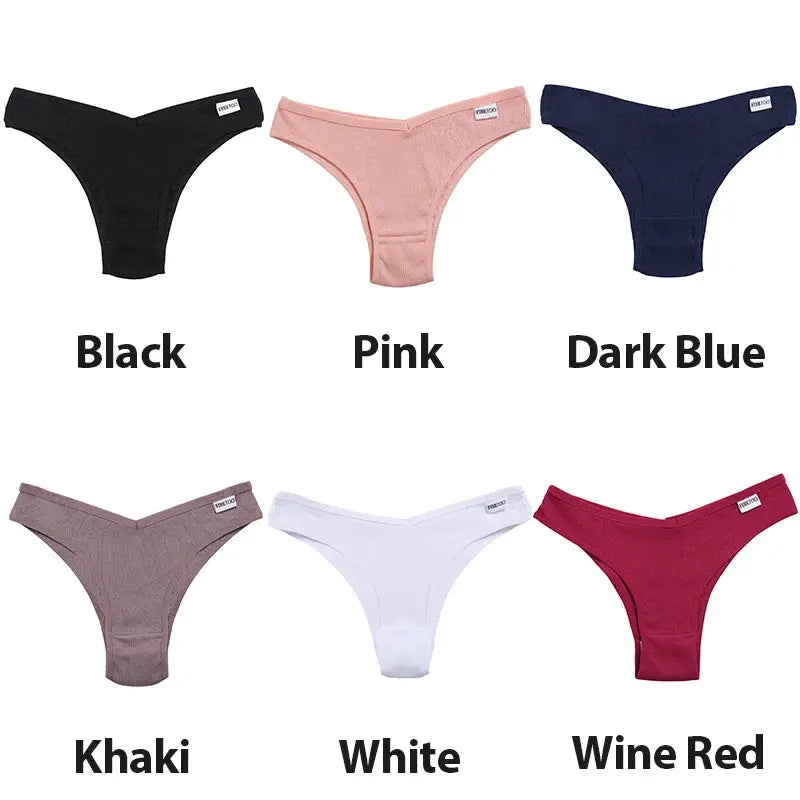 Six-pack cotton thong panties for women in black, pink, dark blue, khaki, white, and wine red by Simples Market