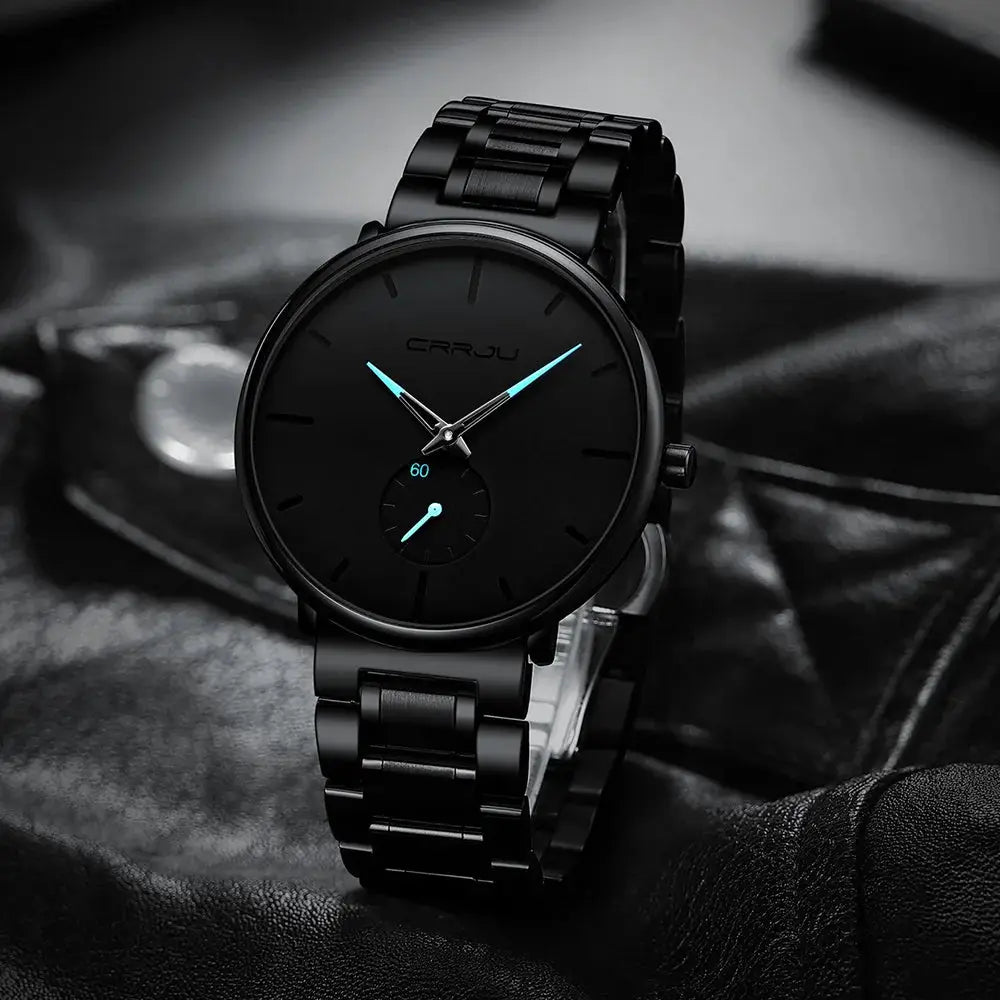 CRRJU black stainless steel men's watch with blue hands and minimalist dial featuring a subdial 60, Simples Market