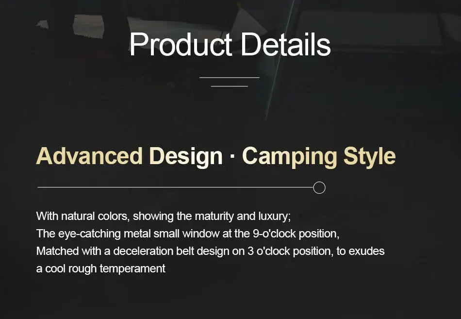 NAVIFORCE men's military-style watch product details banner by Simples Market with Advanced Design – Camping Style text