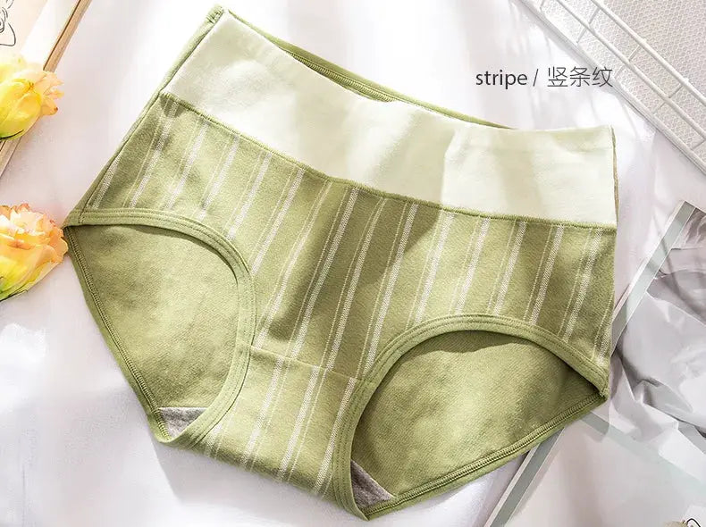 Women's cotton high-waist striped underwear briefs, seamless comfort in light green
