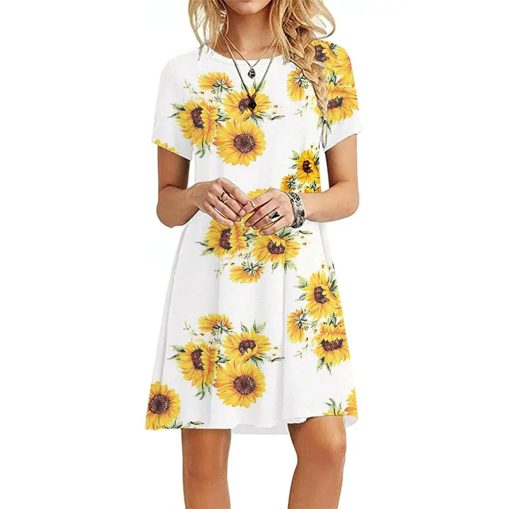Instylis Women Casual Vintage O Neck Print Loose Mini Dress Sundress