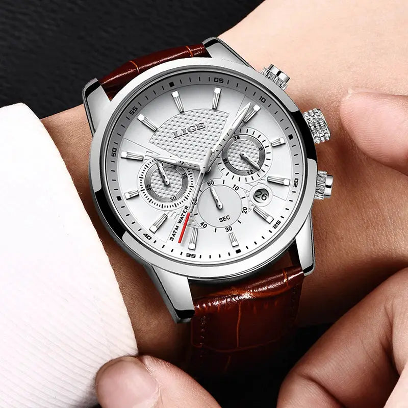 LIGE 2025 Mens Fashion Sports Quartz Watch Leather Strap Waterproof Date Stainless Steel Case