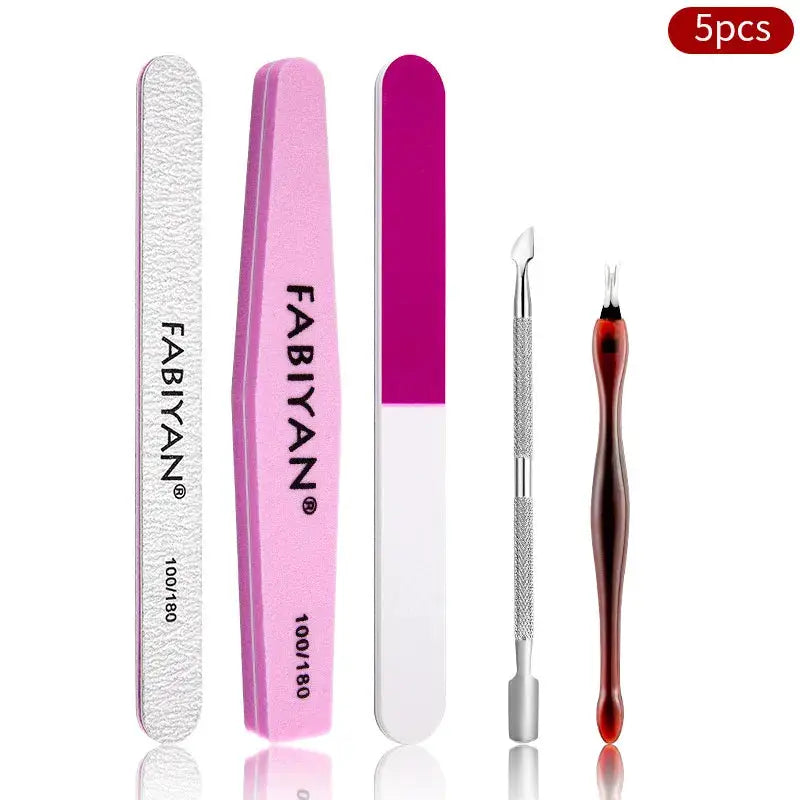 Manicure set 5pcs with FABYAN files and pink buffer; includes nail file, buffer, cuticle pusher, and metal tools
