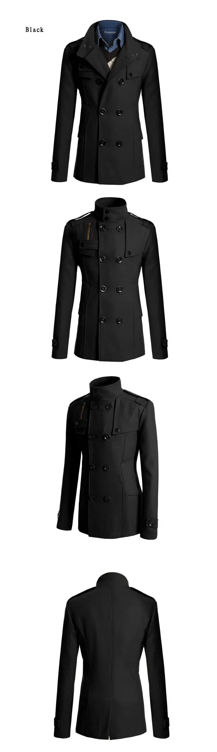 Simples Market black men's wool overcoat; double-breasted, long woolen coat with front and back views