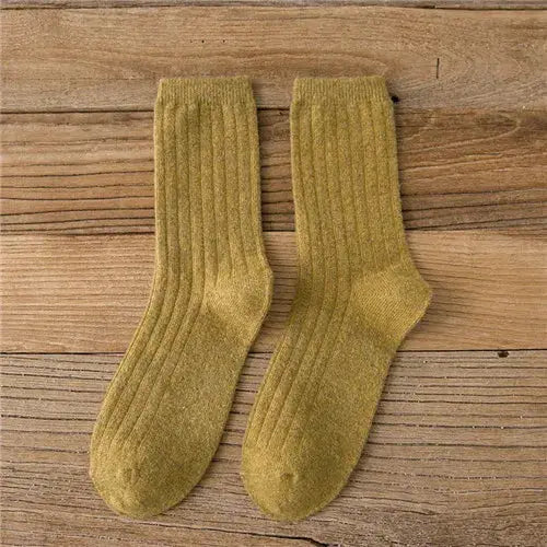 CHAOZHU Thick Warm Merino Wool Rib Socks For Women Solid Colors Loose Fit Japanese Korea Fashion Winter