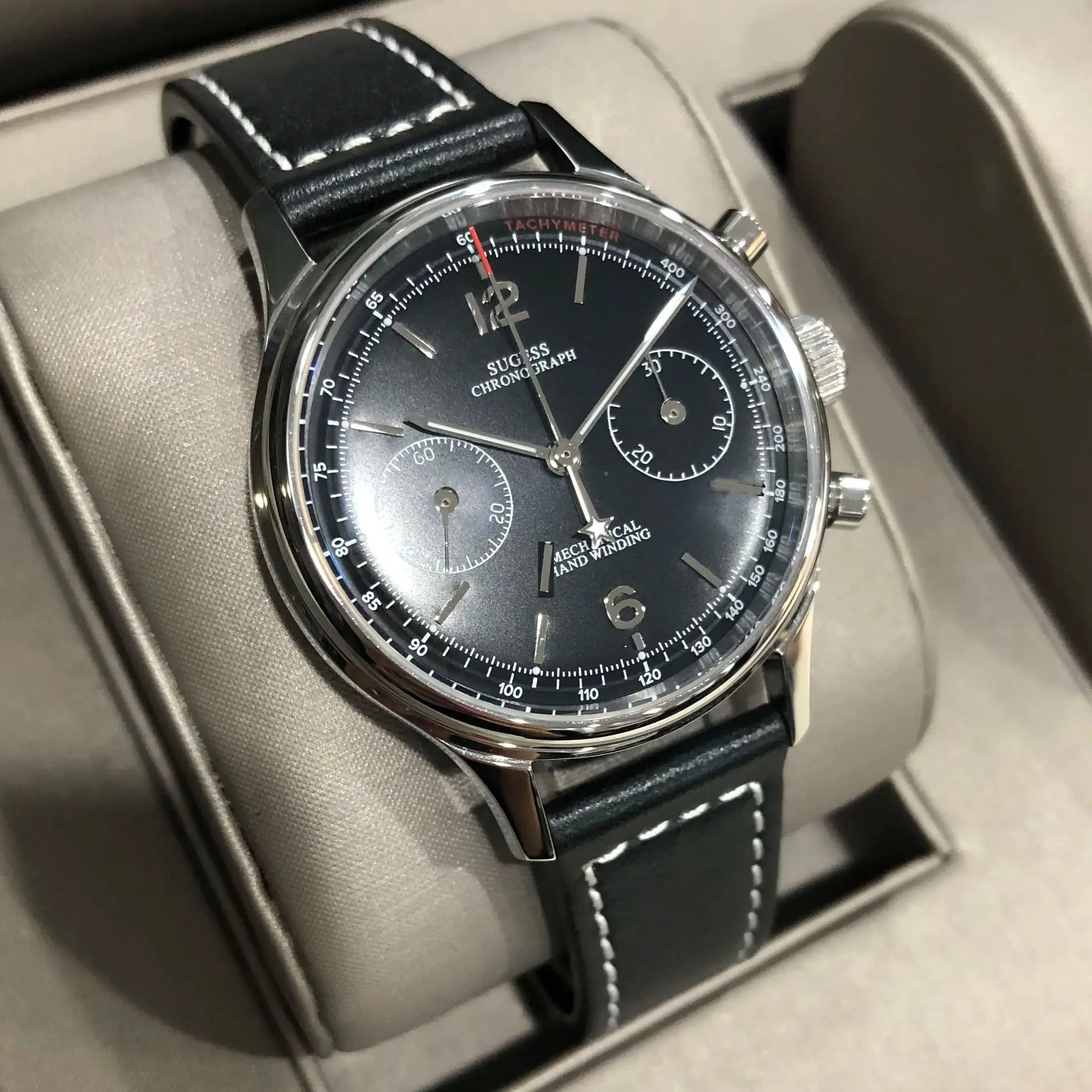 Sugess 1963 Pilot Watch chronograph with black dial, panda-style subdials, and black leather strap