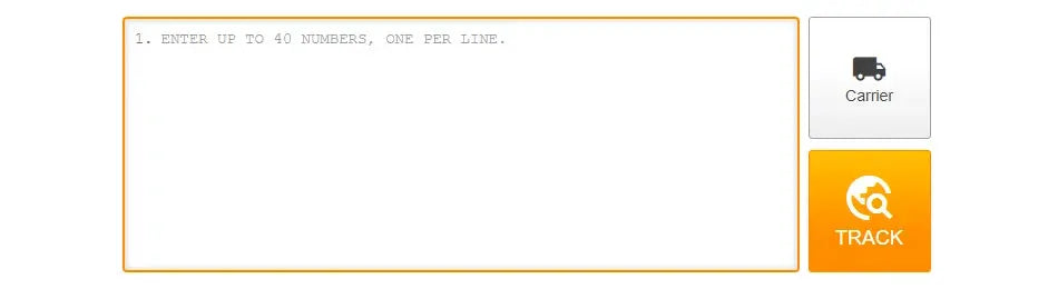 Tracking panel UI with an orange-bordered input area, carrier tile, and TRACK button.