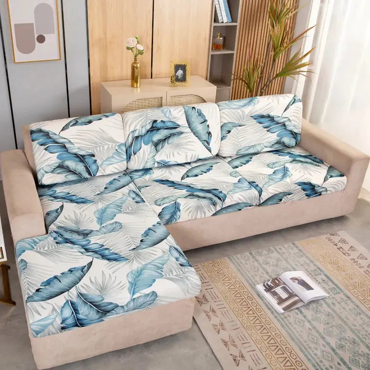 Simples Market geometric leaf-print sofa cover for corner sectional in blue and white fabric