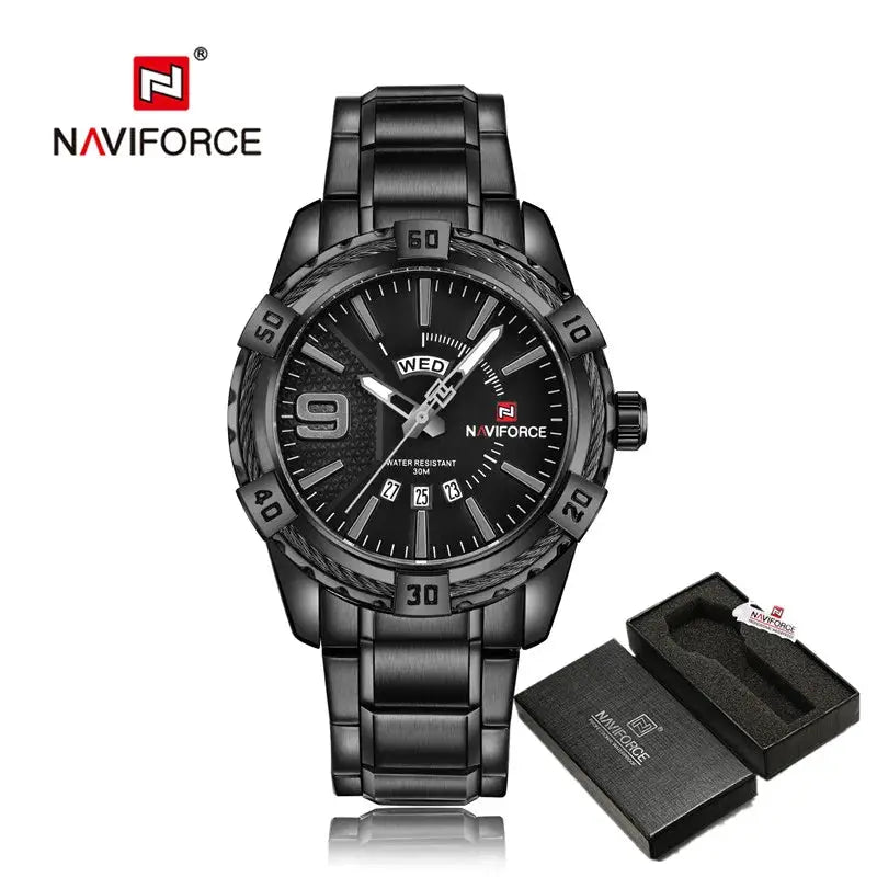 NAVIFORCE men's wristwatch in black stainless steel with day/date display, quartz movement, boxed gift set.