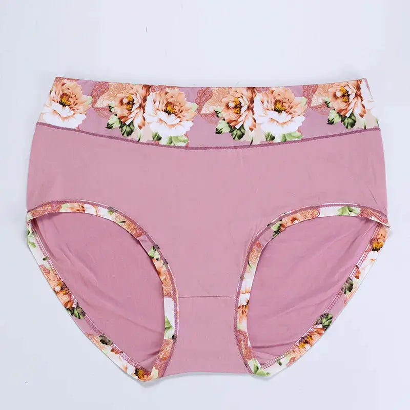 Panties set of 3 by Simples Market; pink fabric with floral-print waistband and trim for plus-size women