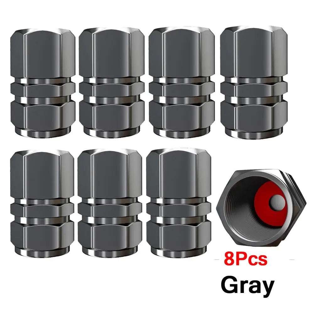 Tire valve caps, 8 pcs, gray aluminum alloy for cars, motorcycles, trucks, and bikes.