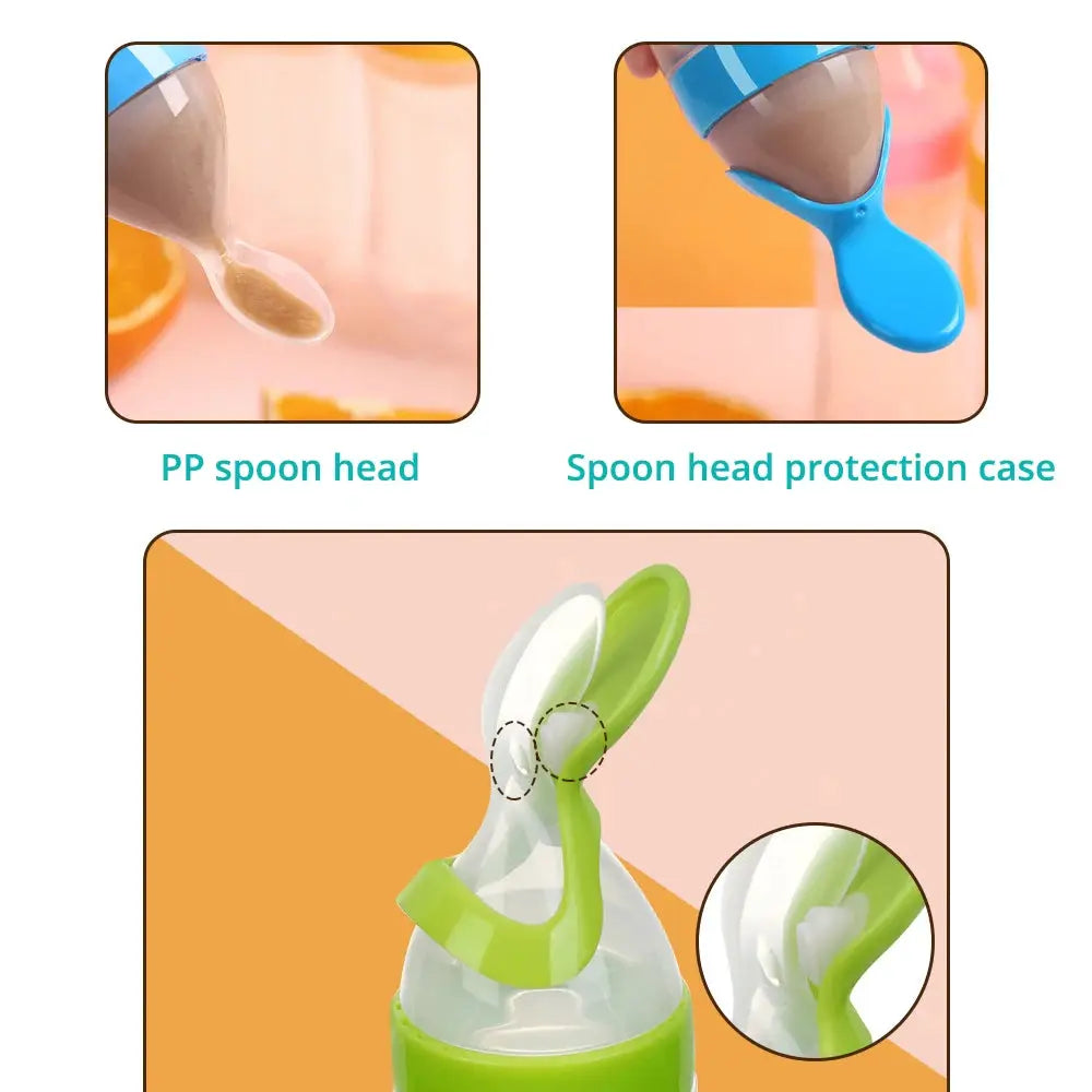 Silicone Baby Bottle With Integrated Squeeze Spoon For Mess Free Feeding Milk Rice Cereal