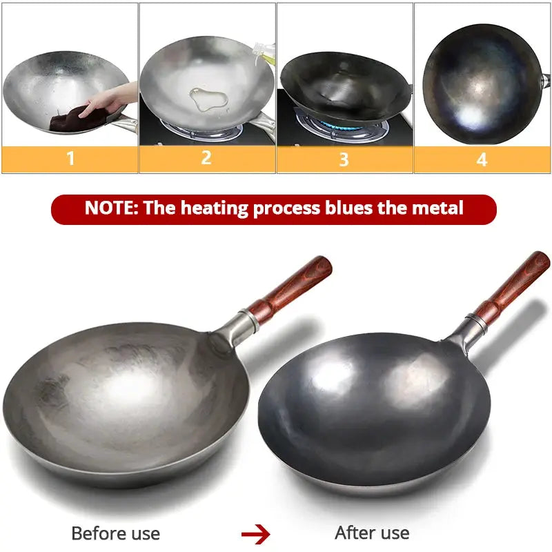 Hand Hammered Iron Wok With Wooden Handle No Coating Traditional Iron Pan For High Heat Stir Fry Kitchen Cookware