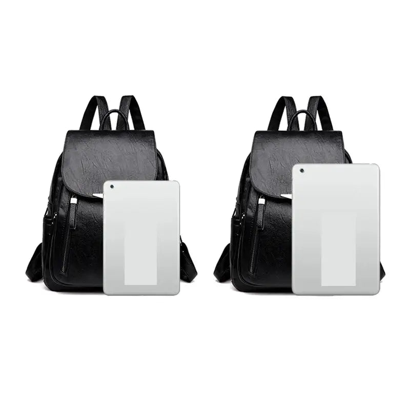 Yogodlns luxury backpack for women, black PU leather, double zipper, large-capacity travel bag — two backpacks shown