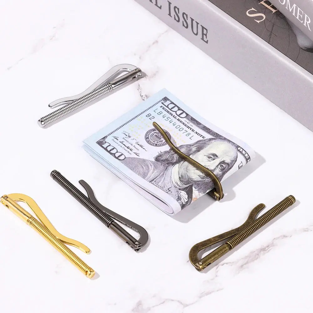 Simples Market metal money clip set; five spring-clamp cash holders in silver, gold and bronze
