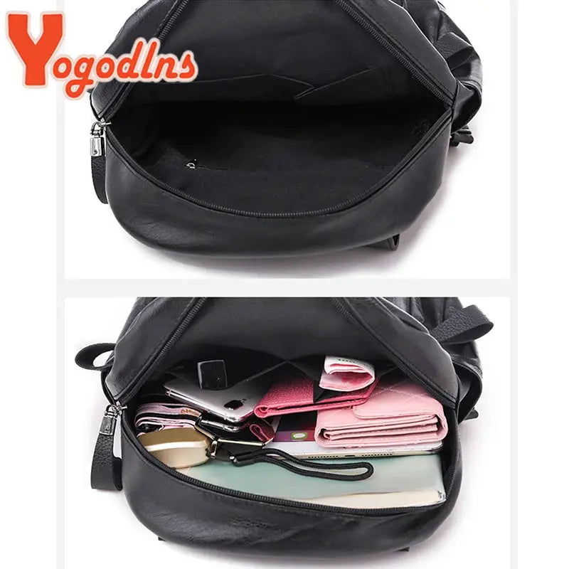 Yogodlns women's PU leather backpack with large capacity, double zipper, black interior with items.