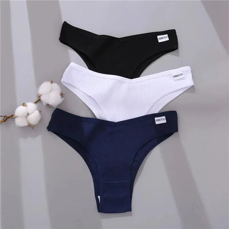 FINETOO cotton Brazilian panties set of 3 in black, white, navy with V-waist T-back design
