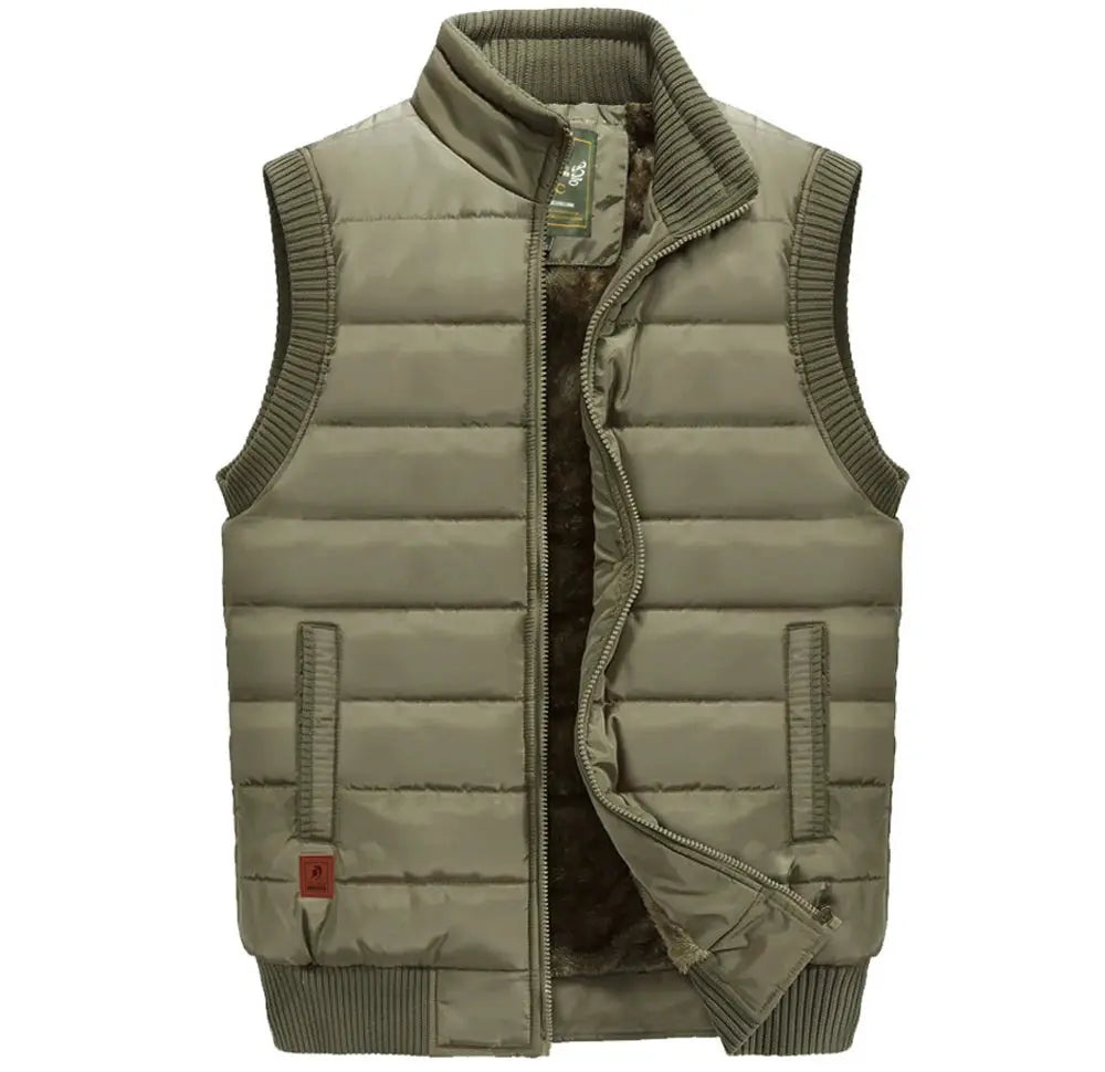 Men's olive green padded quilted vest with stand collar and zip front from Simples Market