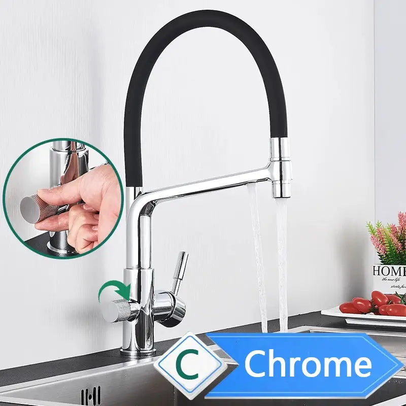 Rozin purification kitchen faucet with black pull-out hose, chrome finish, 3-way water filter tap