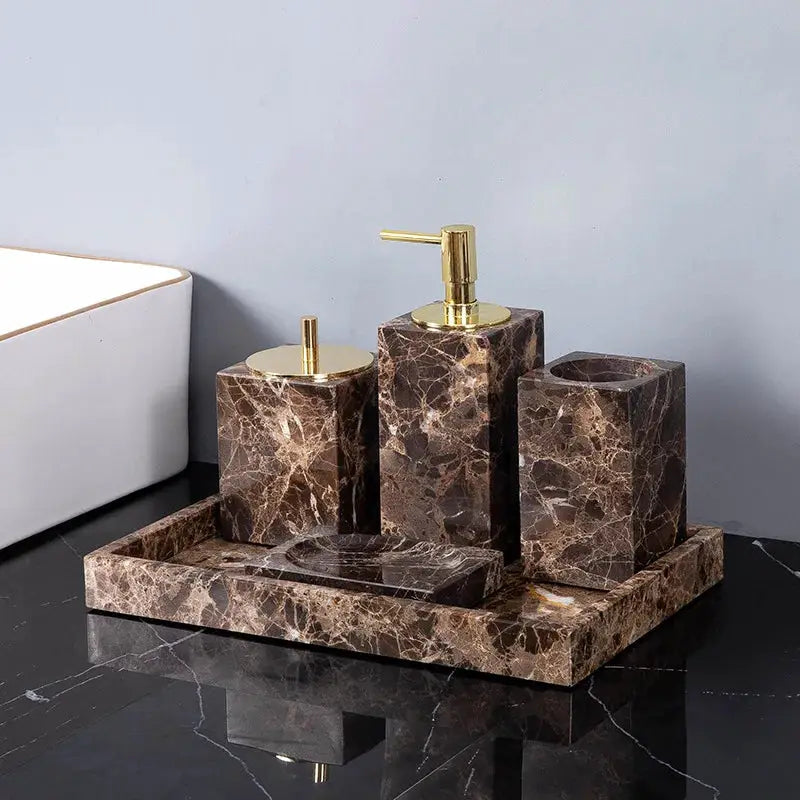 Emperador Dark marble bathroom set with soap dispenser, toothbrush holder, soap dish on brown tray by Simples Market