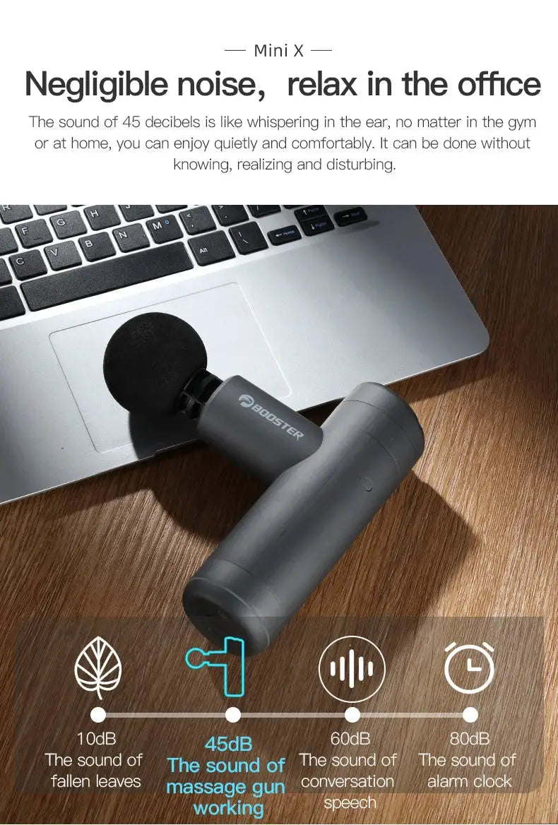 Booster Mini X massage gun by Simples Market, grey cordless back-and-neck massager.