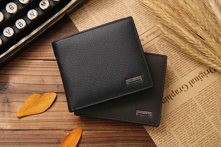 Men's black genuine leather short wallet from Simples Market with card holder; two wallets shown