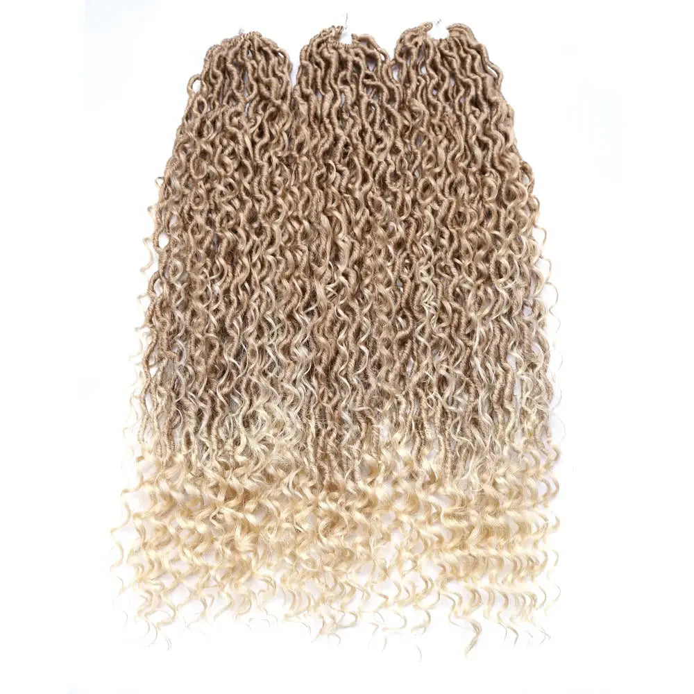 Synthetic Goddess Locs crochet hair extensions, curly faux locs with ombre brown to blonde ends