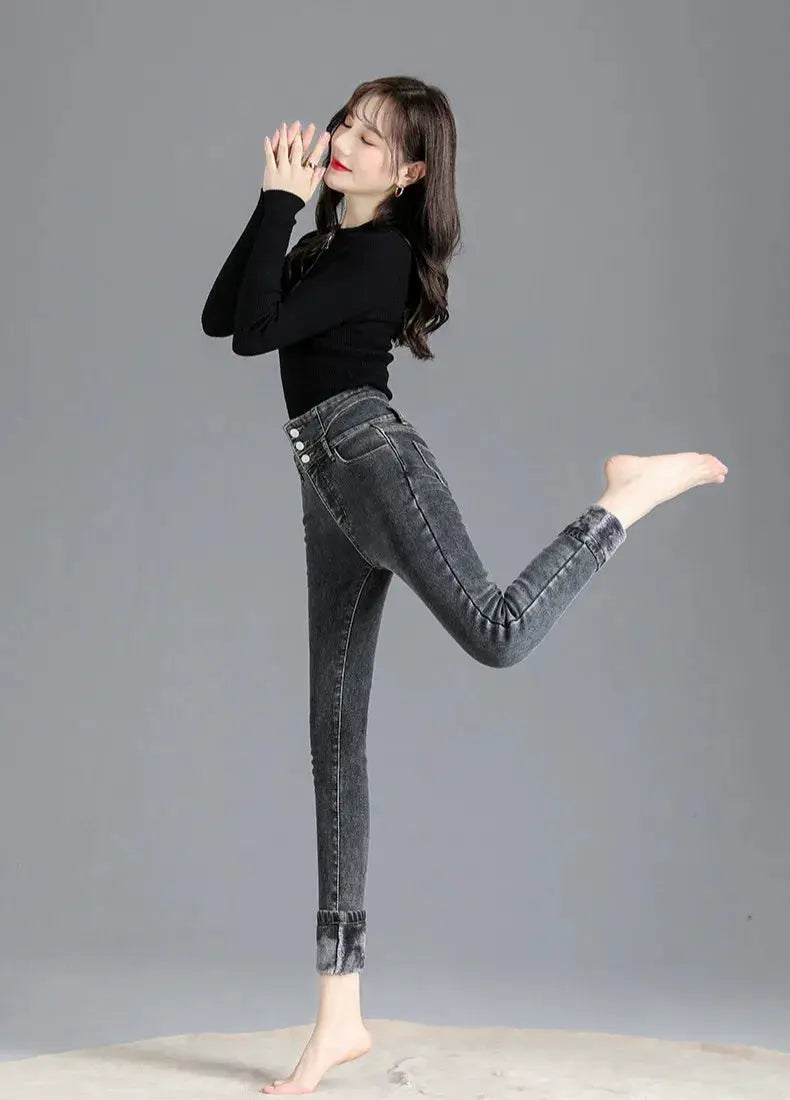 Thermal Winter Thick Fleece High Waist Stretch Skinny Jeans For Women