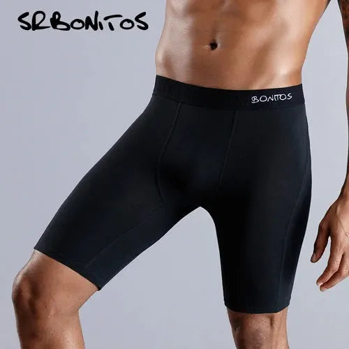 Men's black long-leg boxer shorts by Bonitos; cotton underwear with elastic waistband