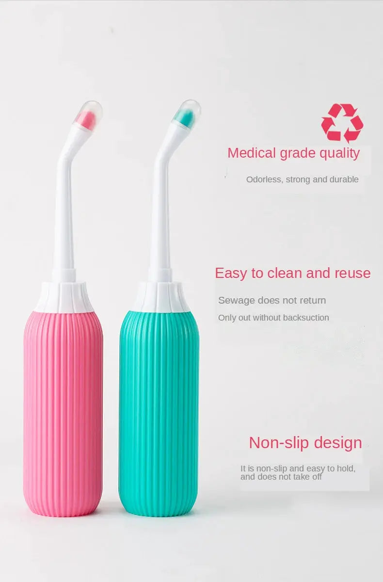 Two portable bidet devices in pink and teal with ribbed bodies and curved nozzles.