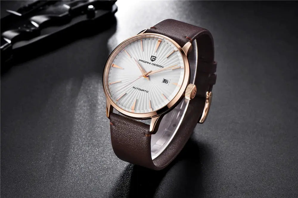 Pagani Design men's wristwatch with rose-gold case, white dial, brown leather strap, date window, automatic movement